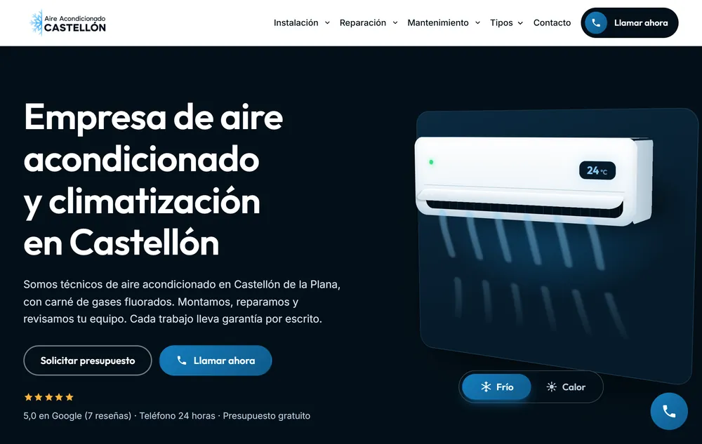 Portada de la web de una empresa de aire acondicionado