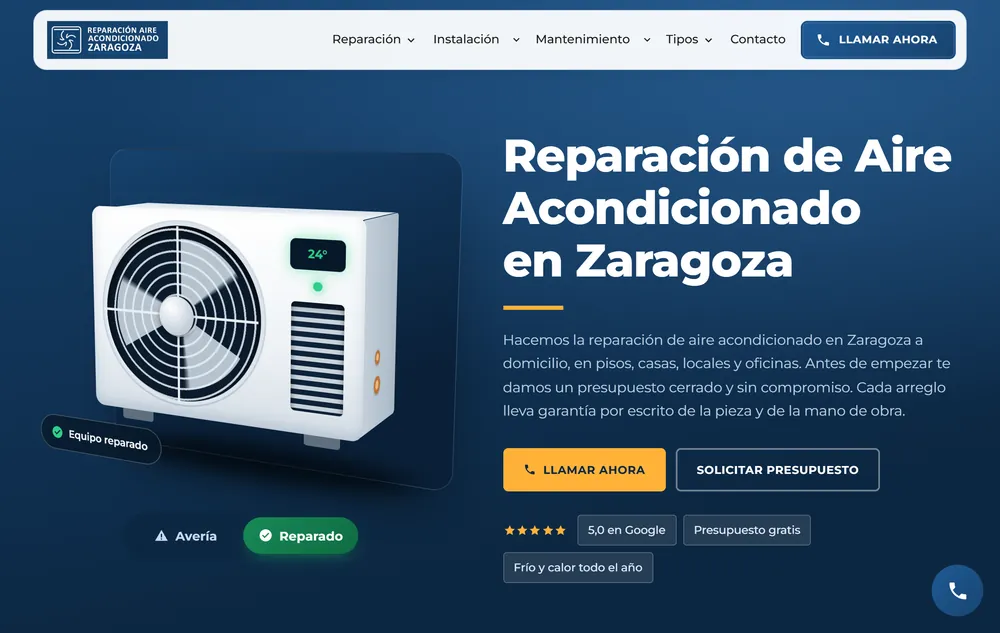 Portada de la web de un servicio técnico de climatización