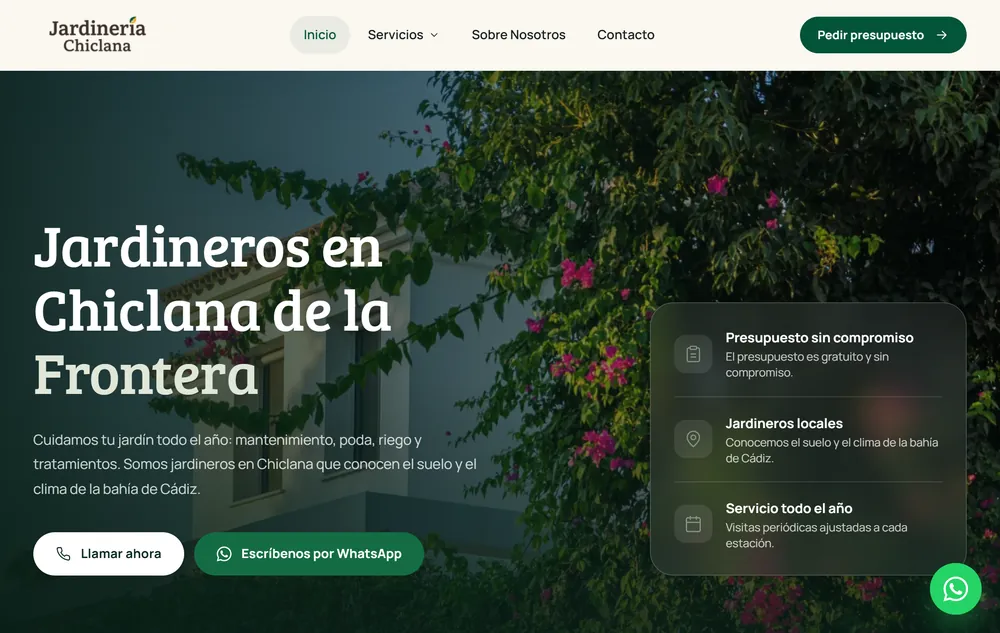 Portada de la web de una empresa de jardinería