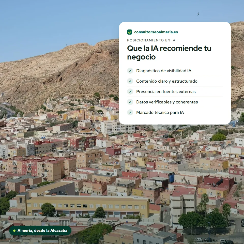 Vista de Almería desde la Alcazaba con una tarjeta que resume el servicio de posicionamiento en IA