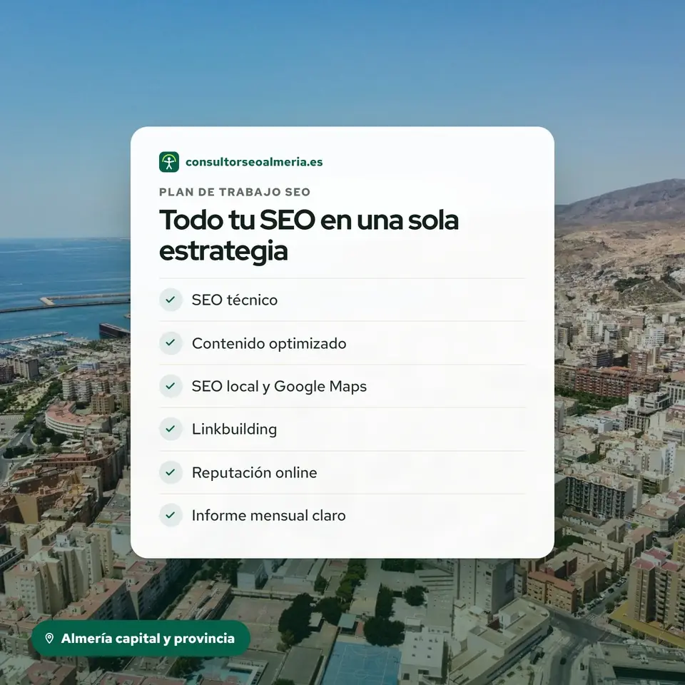 Plan de trabajo SEO de la agencia sobre una vista aérea de Almería y su puerto