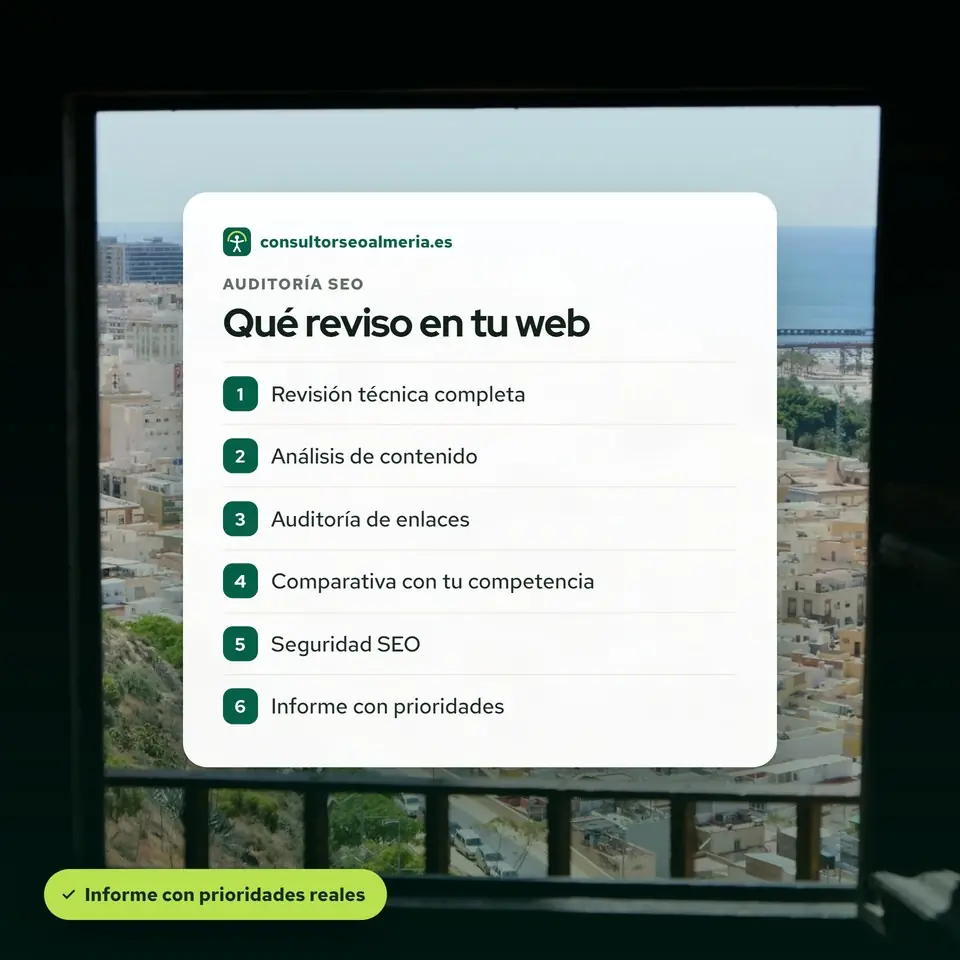 Lista de lo que revisa la auditoría SEO sobre una vista de Almería desde una ventana
