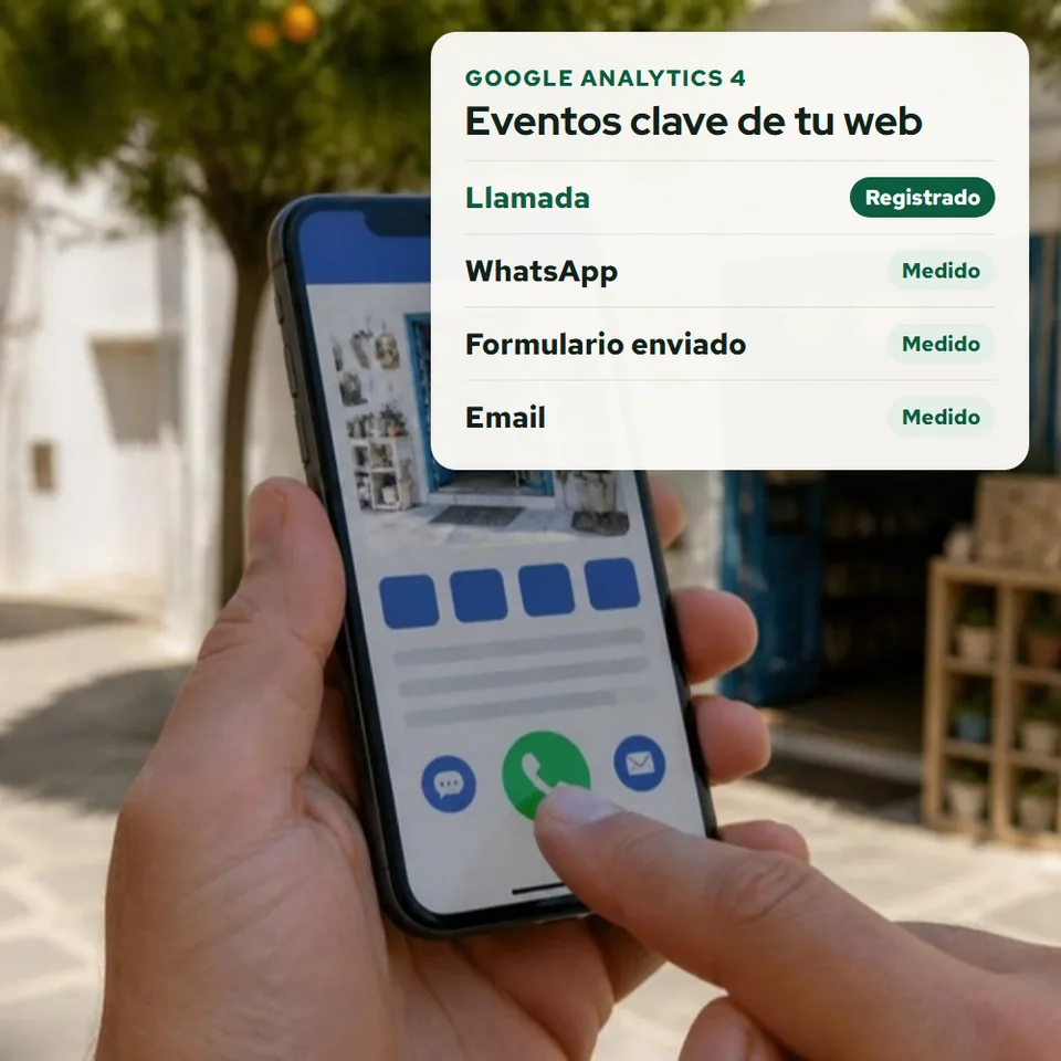 Cliente pulsando el botón de llamar en la web de una tienda de Almería, y Google Analytics 4 registrando la llamada como evento clave