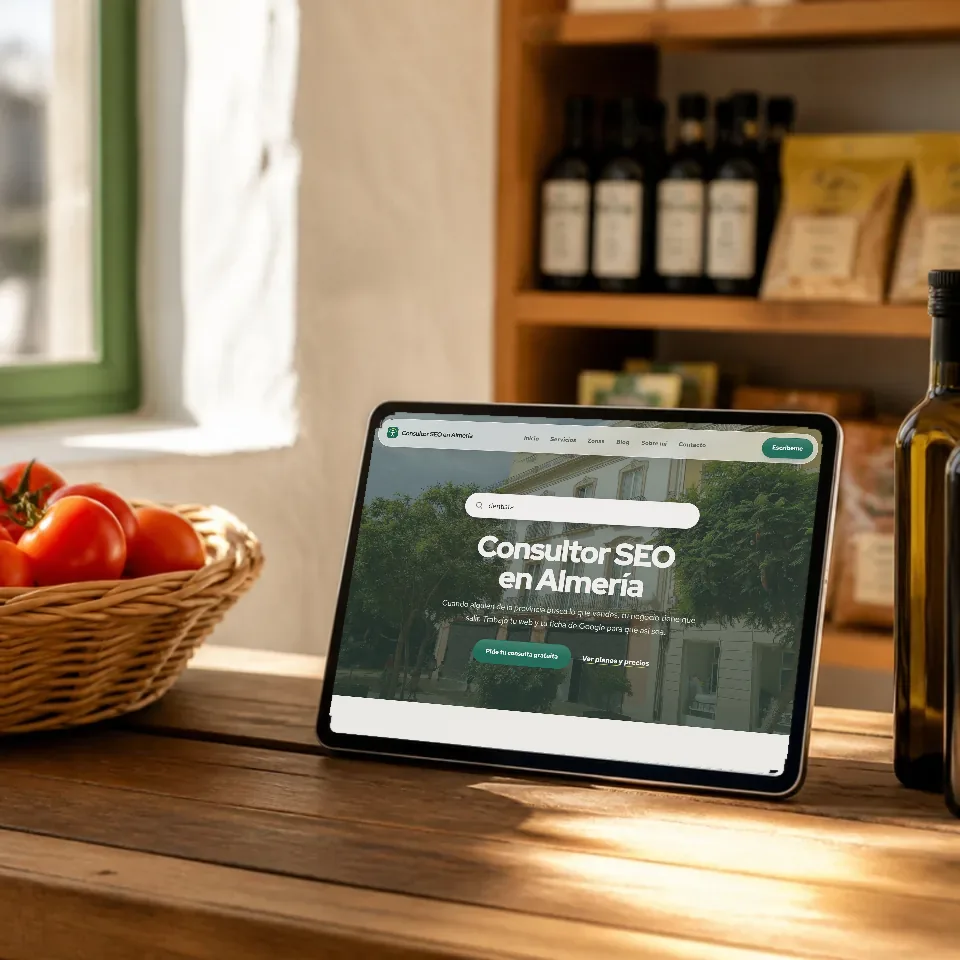Tableta sobre el mostrador de un comercio de Almería con la portada de Consultor SEO en Almería abierta