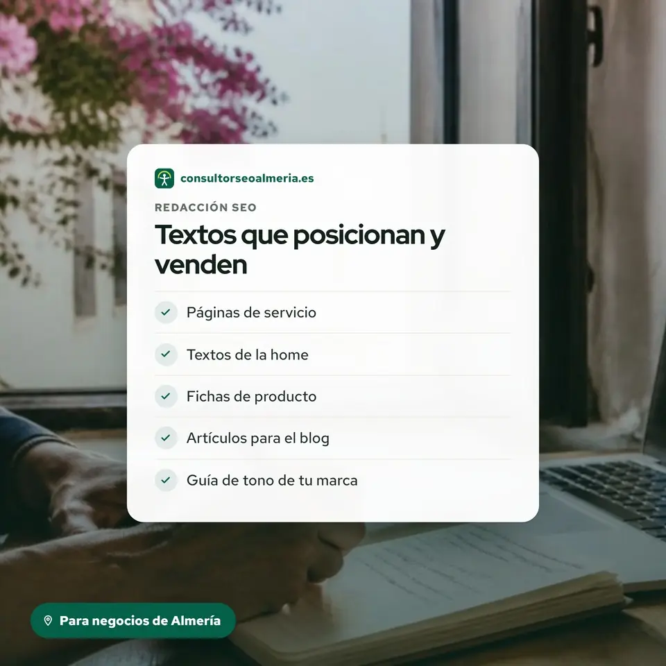 Tipos de textos SEO que redacto, junto a una ventana con una calle encalada