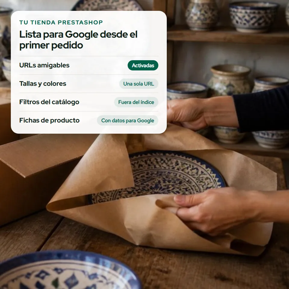 Manos envolviendo un plato de cerámica de Níjar para un pedido de una tienda online PrestaShop de Almería, con una tarjeta de los ajustes SEO de la tienda